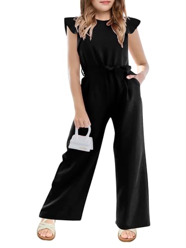 CharmWM Girls Jumpsuit Kids Fashion Cap Sleeve Belted Wide Leg Romper Dressy One Piece Outfits with Pockets