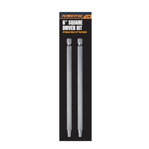 Image of POWERTEC 72259 6 Inch Square Driver Bit Set - #2 Square Head, 1 /4 inch Hex Shank, for Woodworking & Construction (2 Pack)