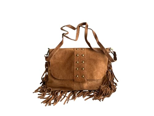 Bolso bandolera con flecos y tachuelas de ante...