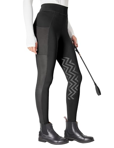 FitsT4 Sports Women's Horse Riding Pants Knee-Patch Riding Tights Ventilated Mesh Equestrian Breeches Horseback Schooling Tights with Pockets Black S