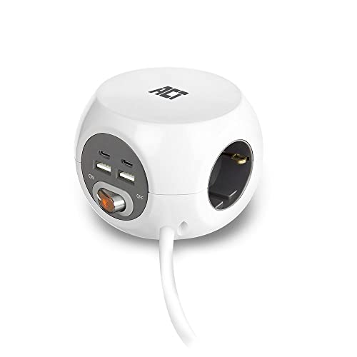 ACT Cube de Prise USB Powercube 2 USB-C et 2 connecteurs USB-A (3,4 A) avec Interrupteur, 3 Prises de Courant, avec Tampon adhésif pour Cuisine, Bureau,...