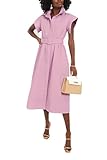 EZAPINE Vestido largo casual de manga corta con botones y cinturón para mujer 2024, Rosado, M