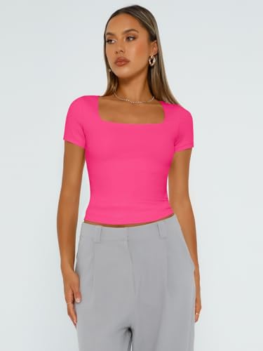 Trendy Queen Short Sleeve Shirts for Women Double Lined Square Neck Cute Going Out Crop Tops Spring Summer Teens Basic Tees