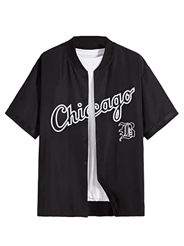 SOLY HUX Men's Letter Print Short Sleeve Button Down Shirt Top