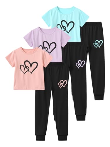 Image of Girls 4 Pieces Outfits Short Sleeve Printed Tee Tops and Pants Set 4-12Y