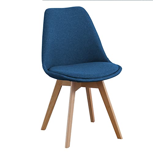 SAMPUR - Chaise Léna de Salle à Manger et de Salon | Chaise de Bureau Design Rétro Scandinave avec Coussin Intégré | Chaise Rembourrée en Tissu et Pieds en Hêtre Massif - Bleu