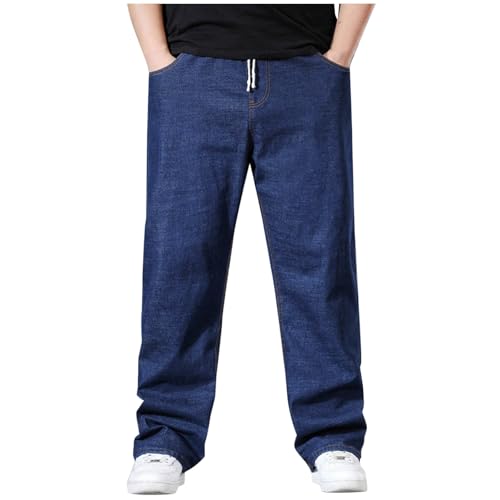 Men's Wide Leg Jeans with Pockets Business Work Denim Pant Drawstring Waist Casual Loose Pants Straight Leg Trouser