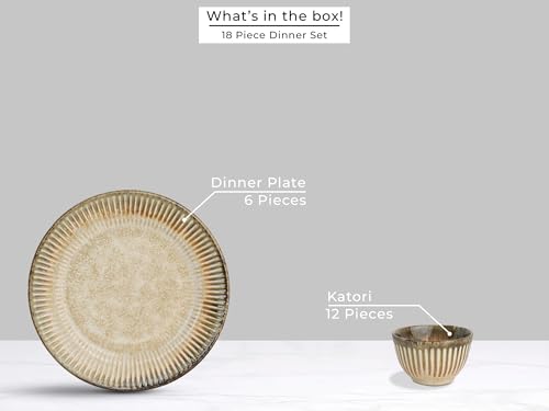 Image of Bodhi House Premium 18-Piece Stoneware Dinner Set Serving for 6 - Handcrafted Ceramic Plates, Bowls & Serving Bowls | Microwave & Dishwasher Safe | Elegant Modern Tableware Crockery Rustic Sand Beige