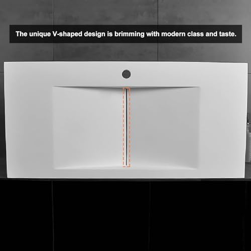 Weibath 35'' Vessel Sink Wall-Mount Bathroom Sink V-Shaped Floating Sink Stone Resin in Matte White