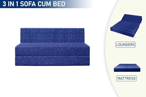 Image of Foldable 2 Seater Sofa Cum Bed, Sofa Bed 4 X 6 Feet, Jute Fabric- Washable Cover- Including Two Cushion Perfect for Home & Office - Blue Color