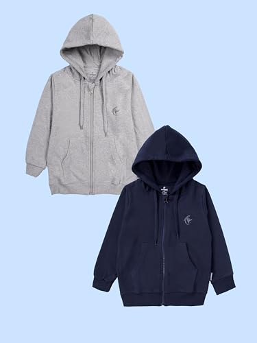 Image of KiddoPanti Boys Solid Cotton Full Sleeve Zip-Up Front Open Hooded Sweatshirt