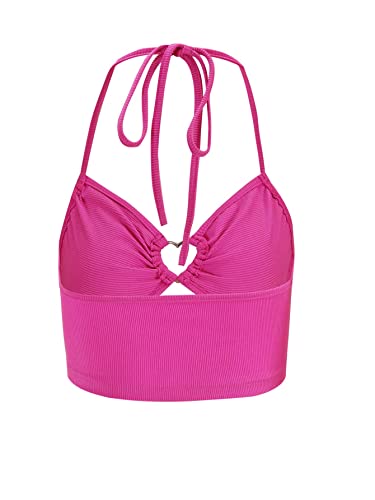 MakeMeChic Women's Halter Tie Open Back Cut Out Ribbed Crop Cami Top - Image 3