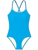 Aulyffo Girls Swimsuits Size 10-12 Girl Bathing Suits Size 10-12 Contrast Trim One Piece Swimsuit Solid Sleeveless Cross-Back Girls' Swimwear with Removable Belt Blue