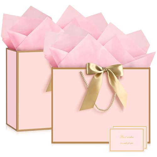 Image of JMANNI Pink Gift Bags with Handles, 14.6 inch Large Gift Bags with Tissue Paper | 2 Pcs Pink Gold Bags, 4 Tissue Paper and 2 Cards, for Baby Shower, Wedding Bridal Shower, Birthday Party