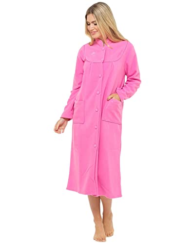 Fleece ochtendjas voor dames, maten UK 10 tot 26 gewaad, wikkeljurk met knopen aan de voorkant, PINK, 26-28
