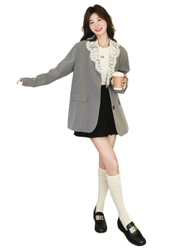 Veste de bureau pour femme à rayures et col dentelle chic