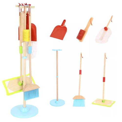TOYSTER'S Kids Wooden Cleaning Set – Pretend Play Broom, Mop, Duster, Dustpan & Stand – Toy for Toddlers & Kids – Realistic Housekeeping Role-Play Set