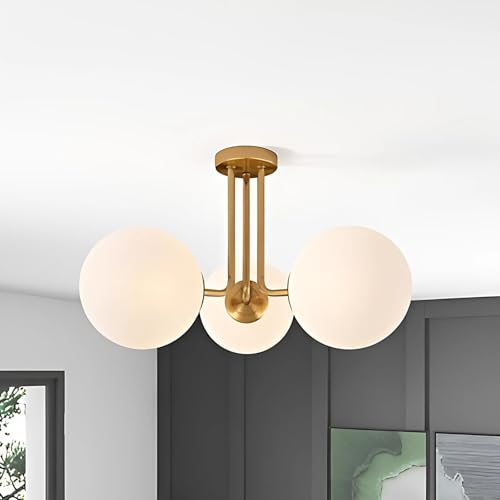 Image of with Bulb Modern Golden Metal & 3 Dome Glass Globe Sputnik Chandelier Metal Ceiling Light Hanging Fixture Semi Flush Mount Chandelier for Living Room, Dining, Room Bedroom