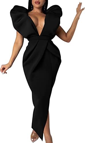 Memoriesea Women's Sexy Deep V Neck Puff Sleeve Side Split Ruched Backless Gown Dress Black