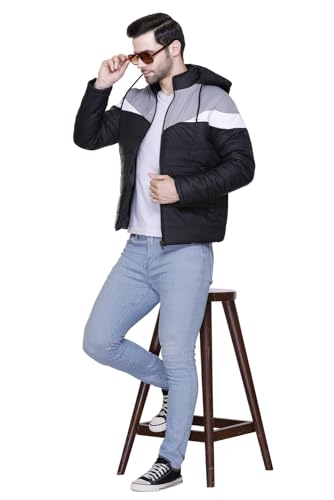 Image of Men's Navy Blue and Grey Hooded Puffer Jacket, Quilted, Zip Front
