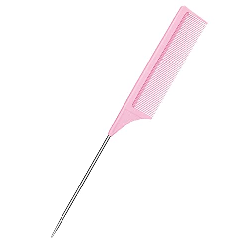 LLTGMV Rat Tail Comb Steel Pin Rat Tail Carbon Fiber Heat Resistant Teasing Combs with Stainless Steel Pintail (Pink)