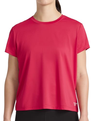 Reebok Women’s Weightless Short Sleeve Mesh Crewneck T-Shirt, Standard Fit, Stretch Poly Fabric, Love Potion, Small - image 1