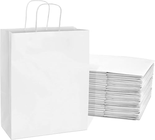 Image of RanGit Bhumi White Kraft Paper Bags with Handles 50 pcs 12 inchx16 inchx5 inch - Large size Paper Carry Bags for Shopping Retail Merchandise, Party favor Return Gift Bag -Disposable