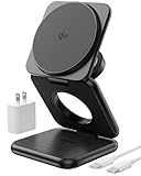 Qi2 Certified 15W Magnetic Foldable Charger, KU XIU X40Q 3 in 1 Wireless Charging Station, Aluminum Alloy Travel Charger Stand for iPhone 16/15/14/13/12, 5W for Apple Watch, AirPods, 45W Adapter,Black