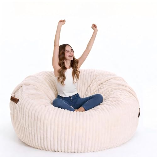 MinComfyWo The BigOne Beanbag Family Giant Round Bean Bag Chair-Spacious Comfort Bean Bags Bed for Families, Premium Materials, Perfect for Living Room or Entertainment Room-Cover-Stripe Fur-Beige by MinComfyWo - Used condition - Image 7