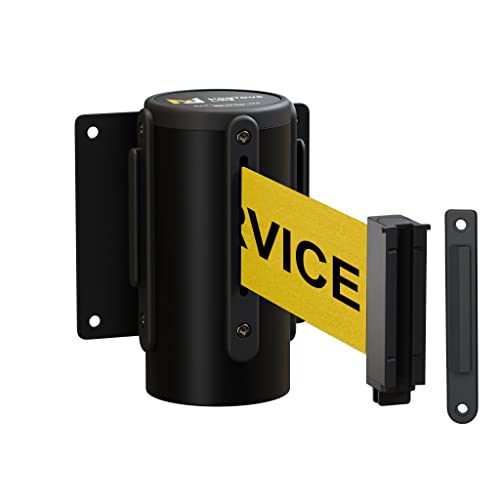 Montour Line WM115 Wall Mounted Retractable Belt Barrier with Standard Belt End, Fixed Mount, Black Casing (8.5 ft Yellow with "Out of Service" Black Letters Belt)