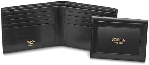 Bosca Men's Italian Leather Bifold Wallet with Removable ID Passcase, RFID Blocking, 8 Card Slots, and Divided Currency Well - Made in Italy, Black