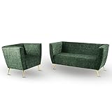 Lounge Möbel Set: Sofa 2 Sitzer, Sessel mit Beinen in Color Gold grün - in Velours-Stoff, mit Metallbeinen für einfache Montage, mit weicher Füllung - Sessel und Sofa für Wohnzimmer, Büro