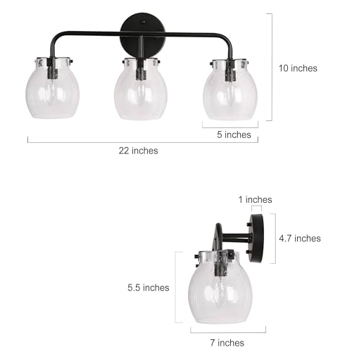 Image of KSANA Black Bathroom Light Fixtures, 3 Light Matte Black Vanity Lights for Bathroom with Seeded Glass Globe, 22 inch Modern Farmhouse Bathroom Lights Over Mirror