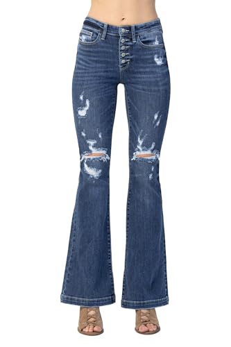 Judy Blue Women's Mid-Rise Button Fly Trouser Flare Jeans with Destroyed Details