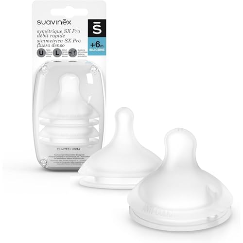 Suavinex 307388, Confezione 2 Tettarelle Simmetriche in Silicone SX Pro, Flusso Denso per Latte o Liquidi Densi, 6 Mesi, con Sistema Anticoliche