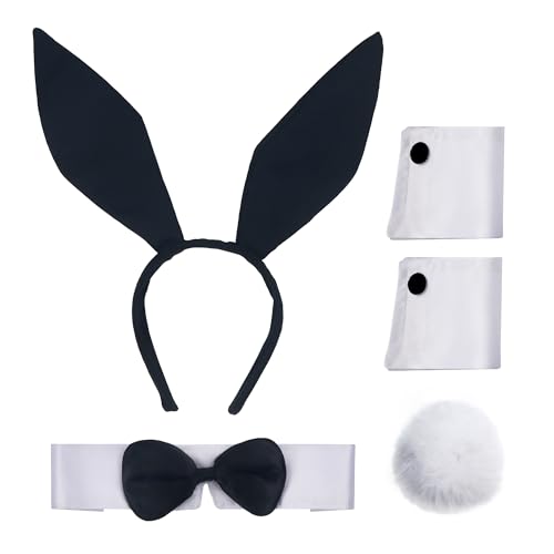 Scotamalone Bunnys Costume Accessories Set for Women Halloweens Rabbitss Ear Headbands Collars Bowss Tiess Cuffs Tailss for Easter Party