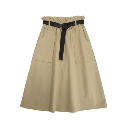 Falda Midi De Algodón Beige Para Mujer Falda Cargo De Cintura Alta Con Volantes Y Bolsillos, Falda Lisa Hasta La Rodilla, Falda Acampanada, Falda Tipo Paraguas Fruncida, Falda Larga Informal Para D