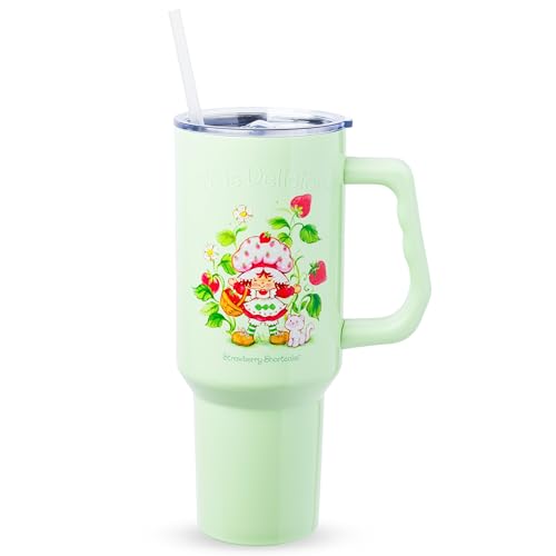Image of Silver Buffalo Strawberry Shortcake and Custard inchLife is Delicious! inch Double Walled Stainless Steel Tumbler with Handle, Fits in Standard Cup Holder, 40 Ounces