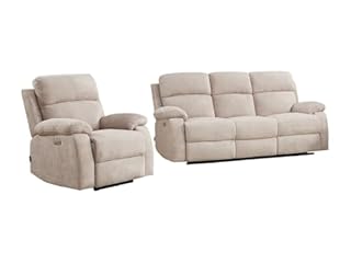 Vente-unique - Canapé 3 Places et Fauteuil Relax électrique massant en Tissu Chenille Beige KOCENI