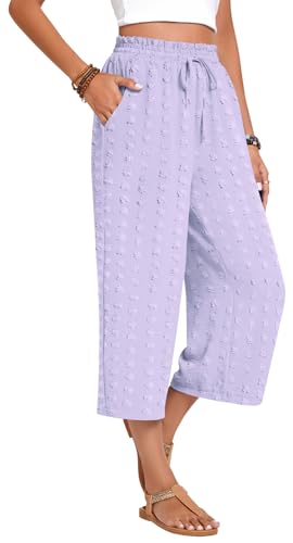 Anyhold Womens Capri Pants Loose High Waisted Wide Leg Lounge Pants Drawstring Casual Swiss Dot Palazzo Trousers with Pockets3
