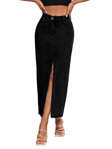 Women's High Waist Stretch Maxi Denim Skirt Front Split Frayed Raw Hem A line Casual Long Jean Skirt