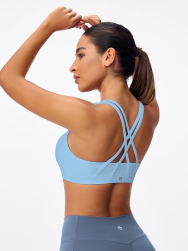 Image of Women's Strappy Sports Bras Light Compression Crop Criss Cross Back Padded Workout Yoga Bra Supportive U Neckline