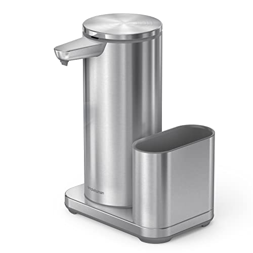 simplehuman Liquid Sensor Pump with Caddy, 14 oz Automatic Soap Dispenser for Kitchen Sink, Motion Sensor, Variable Dispense, Battery Powered, Integrated Sponge Holder, Brushed Stainless Steel