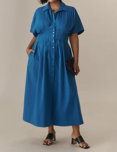 Image of Women's Striped Button Front Pleated Maxi Shirts Dress Short Sleeve Collar V Neck Summer Casual Corset Long Dress