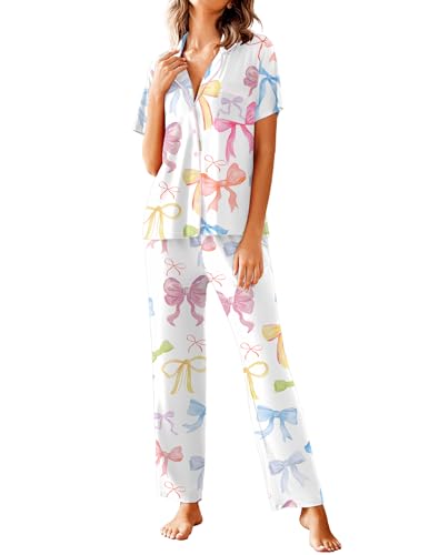 Image of Avidlove Women Pajamas Set Notch Collar Soft Sleepwear Pjs Short Sleeve Button Down Nightwear with Long Pants