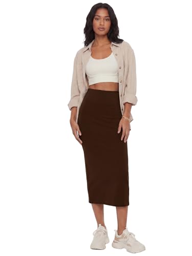 Image of Rooscier Women's High Waisted Pencil Midi Skirt | Stretchy Bodycon Knee Length Skirts with Back Slit