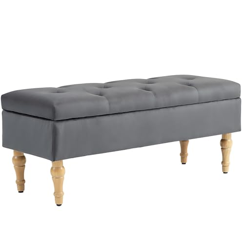 HOMCOM Banc coffre rangement 2 en 1 banquette en velours banc de rangement 38L style médiéval avec couvercle à charnière capitonné et pieds en bois pour...