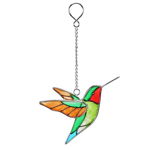 Image of MYCRLIFE Handmade Stained Glass Hummingbird Hanging Ornament - Colorful 4.3x4.9 Inch Window/Garden Decor for Mom, Grandma, Mother's Day - Patio, Home, Wedding Decorations (Yellow Wing)