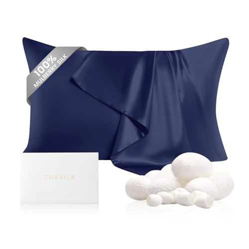 Image of THXSILK 100% Mulberry Silk Pillowcase with Zipper, 22 Momme 6A+ High Grade Silk, Pillowcase for Hair and Skin, King Size Pillow Cover 26 inchx36 inch, Navy Blue