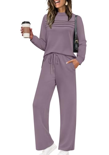 Image of WIHOLL Two Piece Sets for Women Fall Travel Vacation Outfits 2026 Long Sleeve Lounge Sets Side Slit Wide Leg Pants XS-3XL